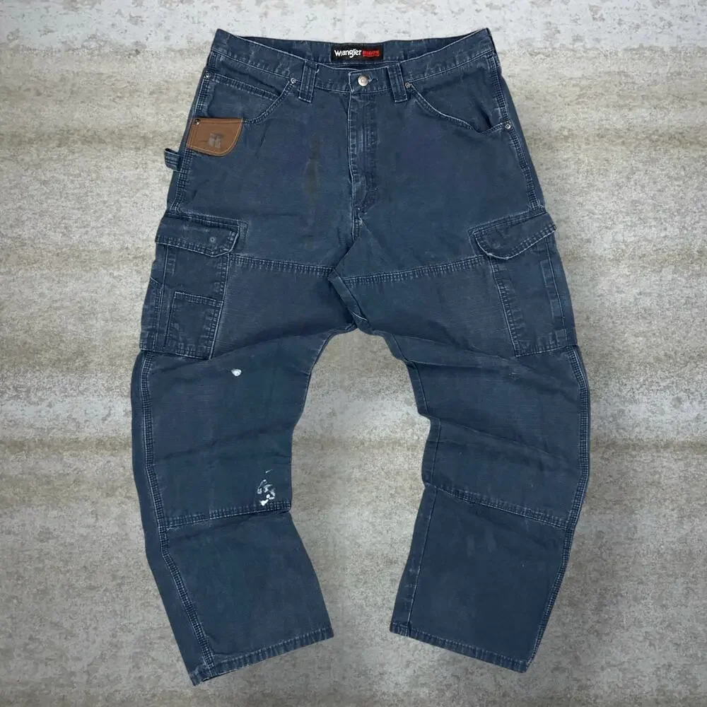 Vintage 90s Wrangler Riggs Carpenter Pants 36x32 Baggy Navy Blue Double Knees